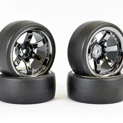 Fastrax 1/10 Drift D1 Tyre With 9mm Offset 6 Spoke Wheel Black Chrome (4)